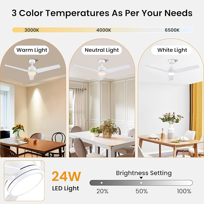 Newday 48 Inch Ceiling Fans with Lights Remote, White Ceiling Fans Dimmable 3 Color Temperature, Timer, 3 Blades, 6 Speed Modern Fan Quiet Reversible DC Motor for Indoor or Covered Outdoor