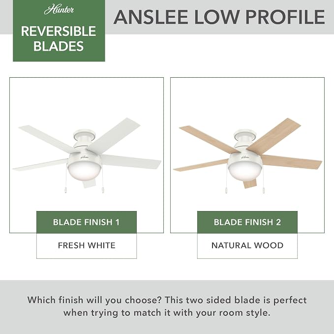 Hunter Anslee, Indoor, Ceiling Fan, with LED Light, 46 inch, Fresh White | Low Profile Mount, Pull Chain, 5 Blades, For Bedroom, Living Room, Kitchen, 59269