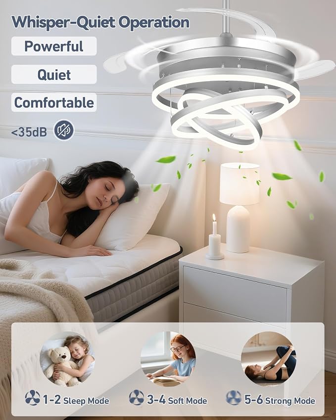 42 Inch Retractable Ceiling Fans with Lights and Remote, Modern Chandelier Fandelier Ceiling Fans, Quiet Reversible DC Motor, 6 Speeds, 3 Color Dimmable LED for Bedroom Living Room (Silver)