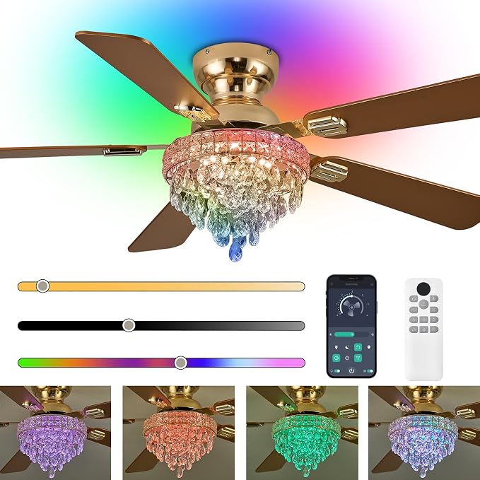 52“ Crystal Ceiling Fans with RGB Lights, Remote/App Control, Luxury Fandelier Ceiling Fan Flush Mount, Reversible DC Motor, Dimmable, Bedroom Chandelier Fan, (Gold)