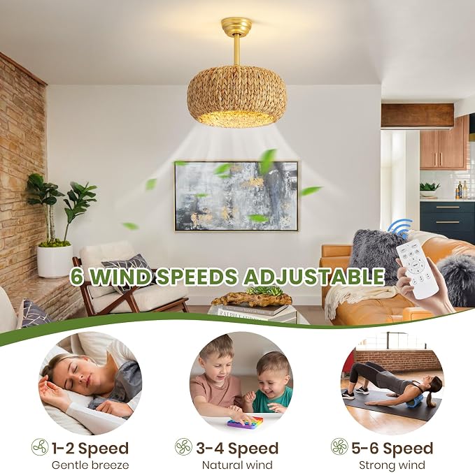 Caged Rattan Ceiling Fans with Lights,Boho Flush Mount Ceiling Fan with Light Low Profile Chandelier 6 Speed Bladeless Reversible Ceiling Fan for Living Room Bedroom kitchen island dining room 17inch