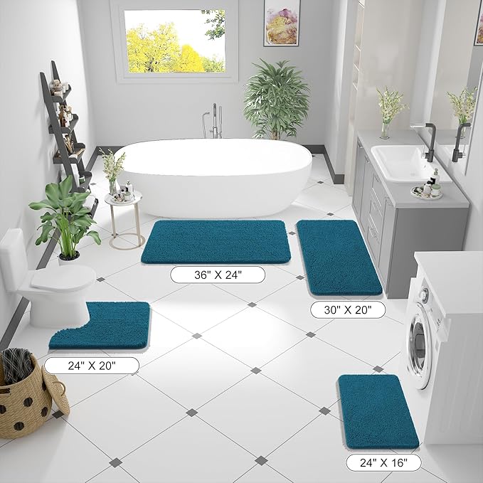 OLANLY Bathroom Runner Rugs 47x24, Soft Absorbent Chenille Bath Rugs, Rubber Backing Quick Dry, Machine Washable Long Bath Mats for Bathroom Floor, Tub and Shower, Home Decor Accessories, Peacock Blue