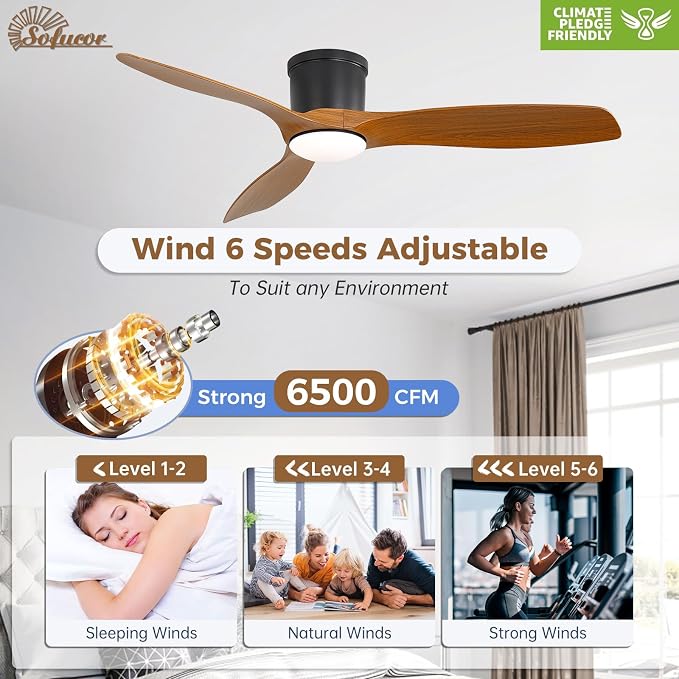 Sofucor 52 Inch Low Profile Ceiling Fans with Lights, Modern Flush Mount Ceiling Fan with 3 Plastic Blades, 6500CFM, Dimmable 6-Speed 3-Timer Reversible DC Motor for Bedroom Living Room, ETL, Brown