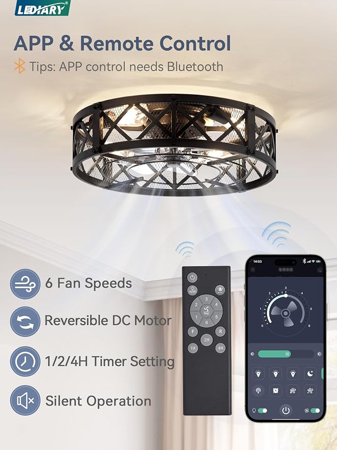 LEDIARY 20" Caged Ceiling Fan with Light, APP&Remote Control, Small Flush Mount Farmhouse Fan Lights, Low Profile Rustic Bladeless Ceiling Fan Fixtures for Bedroom, Kitchen-Black Color