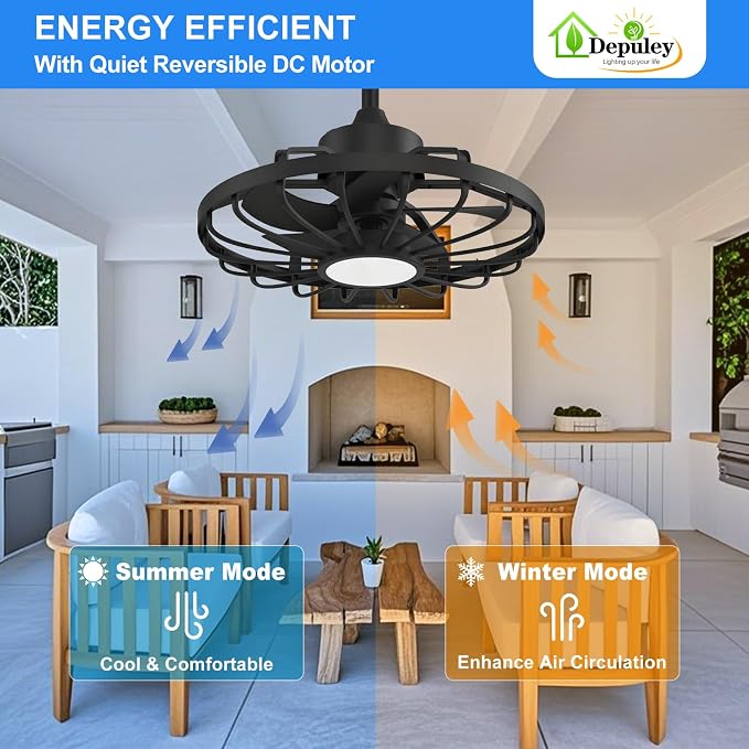 Depuley Gazebo Fans Outdoor Hanging: 20 Inch Black Plug In Caged Outdoor Fan with Light and APP Remote Control - Waterproof Ceiling Fan for Patio Porch Pergola Reversible DC Motor