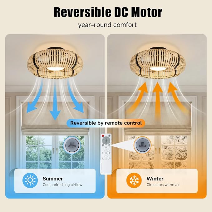 ocioc 20" Fandelier Ceiling Fans with Lights and Remote,Caged Ceiling Fan with Light,Flush Mount,Low Profile,Bladeless,Quiet Reversible DC Motor,Boho Rattan Ceiling Fan for Bedroom