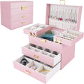 Dajasan Jewelry Organizer Box, Large Jewelry Boxes for Girls, Space-Saving 4 Layers Jewelry Storage Case with Drawer, Gift for Women, Movable Metal Stand, Modern (Pink+ Gold)