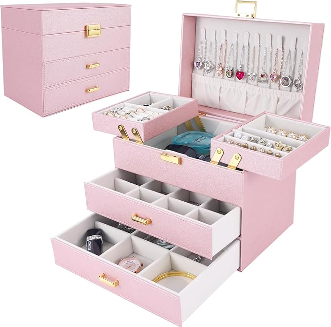 Dajasan Jewelry Organizer Box, Large Jewelry Boxes for Girls, Space-Saving 4 Layers Jewelry Storage Case with Drawer, Gift for Women, Movable Metal Stand, Modern (Pink+ Gold)