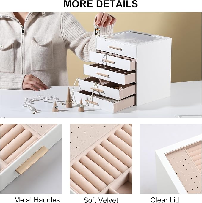 Frebeauty Jewelry Box for Women,Clear Lid Jewelry Organizer with 5 Drawers | Faux Leather,Velvet Lining,5-Layer Large Capacity,Jewelry Storage for Rings Earrings,Dustproof Design,Golden Stylish Handle