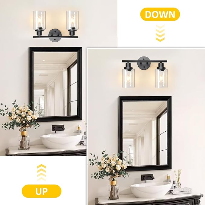 Unicozin 2 Light Vanity Lights, Black Wall Sconce Light with Clear Glass, Bathroom Light Fixtures, Wall Lights for Mirror, Living Room, Bedroom, Hallway, E26 Base (Bulbs Not Included)