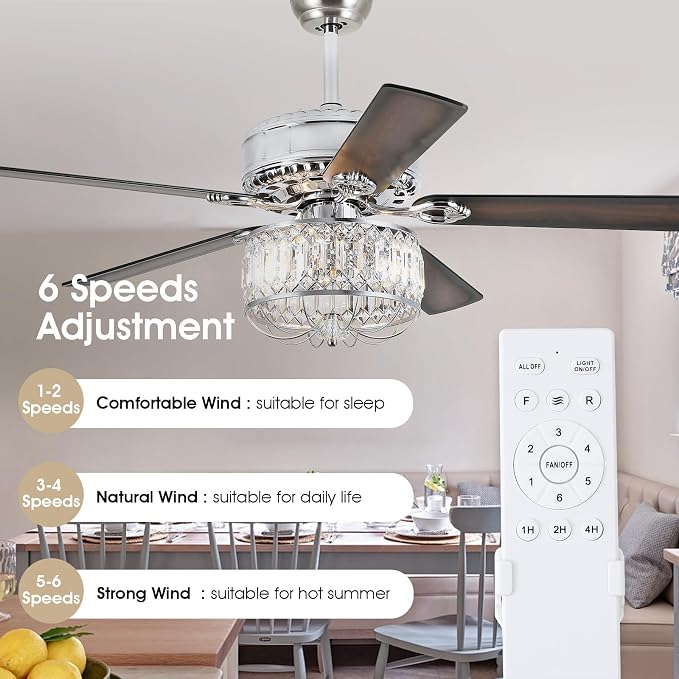Kviflon Farmhouse Crystal Ceiling Fans with Lights and Remote, 52 Inch Chandelier Ceiling Fans, Chrome Fandelier Ceiling Fan for Bedroom Living Room, Quiet DC Motor, Reversible, Bulb not Included