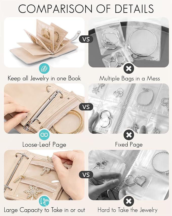 VLANDO Travel Jewelry Organizer Case,Travel Gifts for Women,Portable Jewelry Storage Book Ring Binder with Clear Zipper Velvet Jewelry Pouch Bag-Silver