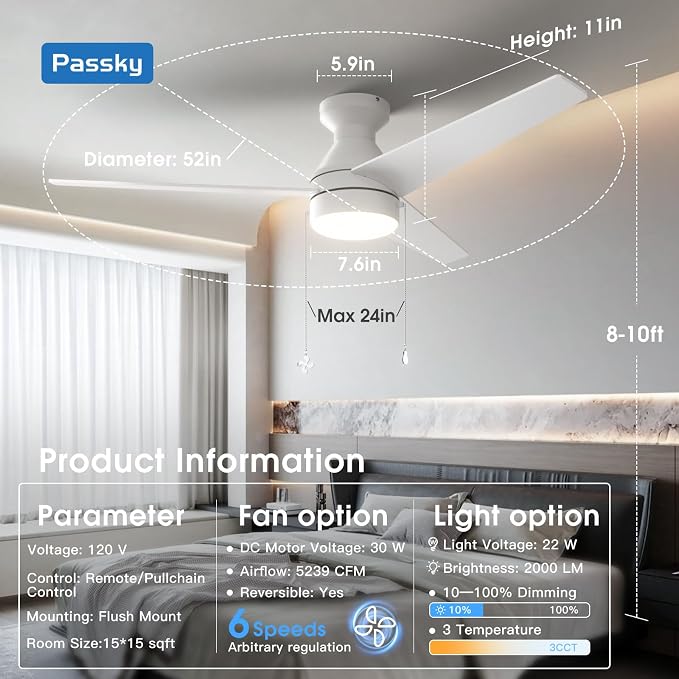 Passky Ceiling Fans with Lights, 52 inch Low Profile Ceiling Fan with Pull Chain and Remote Control, Flush Mount, Reversible, 5CCT, Dimmable, Noiseless, White Pull Cord Ceiling Fan for Bedroom