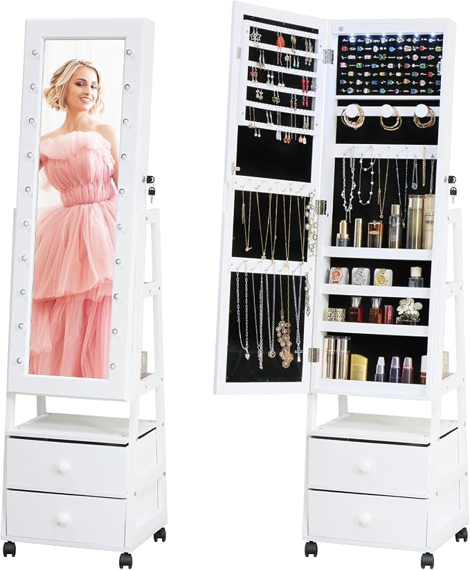 Jewelry Armoire Cabinet Organizer Standing with 20 LED Lights Lockable Full Length Mirror with Storage Shelves and 2 Drawers (White) Adjustable Tilt Angles Gift for Her