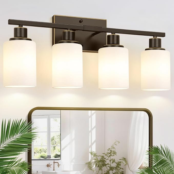 Indoi 4-Light Bathroom Light Fixtures, Oil-Rubbed Bronze Modern Vanity Lights with Milky White Shades, Bathroom Wall Lamp for Mirror Living Room Cabinet Bedroom Porch