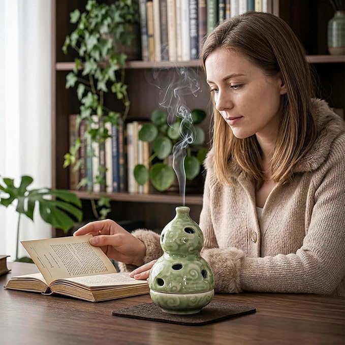 Ceramic Incense Burner, Incense Holder Suitable for Incense Sticks, Cone Incense, Palo Santo, White Sage, for Spiritual Cleansing, Stress Relief, Meditation Accessories (HuLu)