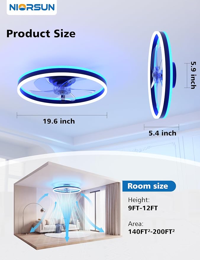 NIORSUN RGB Ceiling Fans with Lights and Remote, Modern Smart LED Ceiling Fans Light, 6 Speeds & 3000K-6500K Dimmable, Quiet Bladeless Fandelier Ceiling Fan with Light for Bedroom (20Inch,Black)