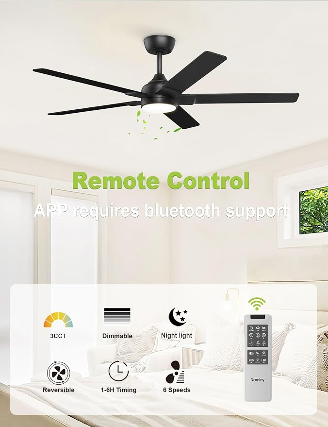 DAMINY 52 inch Black Ceiling Fans with Lights,5 Blades,3CCT, Low Profile,Remote Control,for Bedroom, Kitchen,Living Room,Indoor/Outdoor Use,Downrod