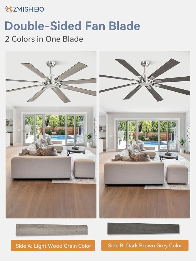 ZMISHIBO 72 Inch Ceiling Fan No Light with Remote Control, 8 Blades Quiet DC Reversible Motor, 6-Speed, Timer, Brushed Nickel Finish, Indoor Outdoor Ceiling Fans for Patios, Living Room, Garage