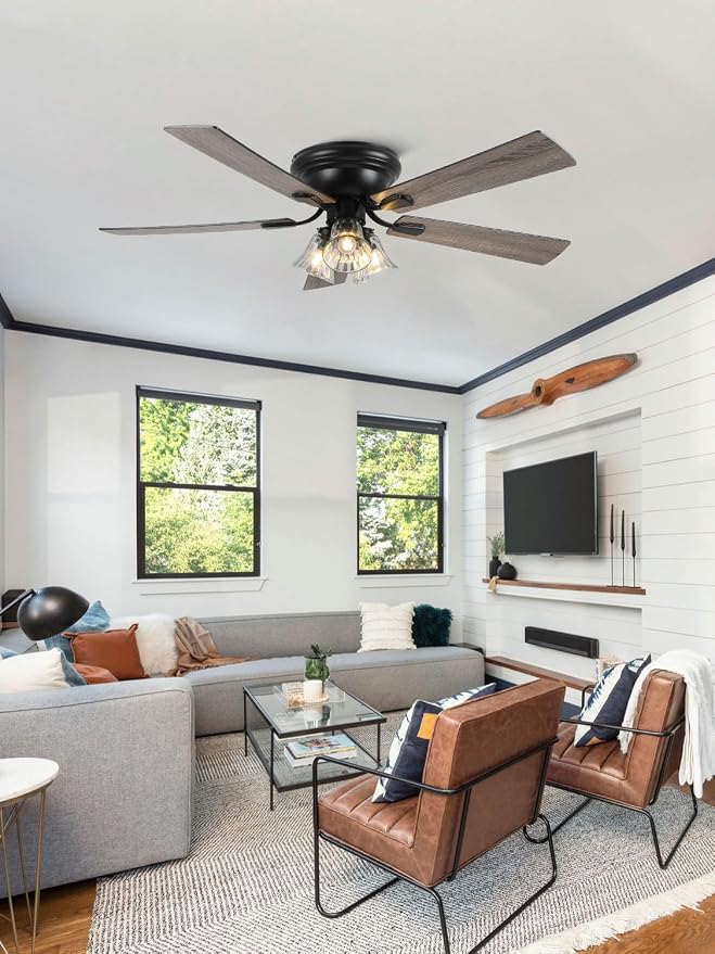 52 Inch Flush Mount Farmhouse Ceiling Fan with Light and Remote Classic Low Profile Ceiling Fan for Living Room Bedroom Patio