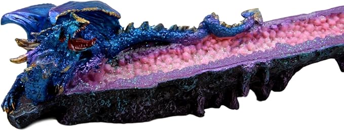 Atlantic Collectibles Quartz Crystal Azurite Guardian Dragon Incense Holder Figurine 10.75" Long