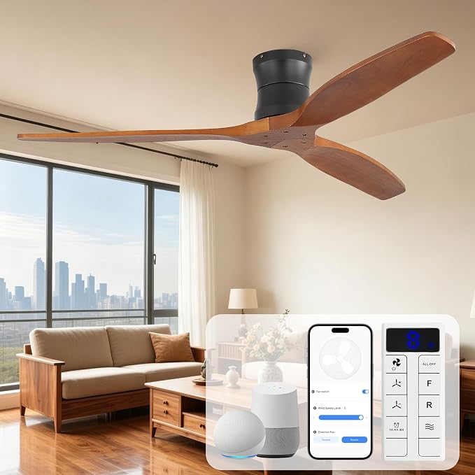Sofucor 52" Smart Ceiling Fan No Light, Solid Wood Low Profile Ceiling Fan with Remote, Flush Mount Ceiling Fan Works with Alexa/Google/App 6-Speed Timing Reversible DC Motor for Living Room Bedroom