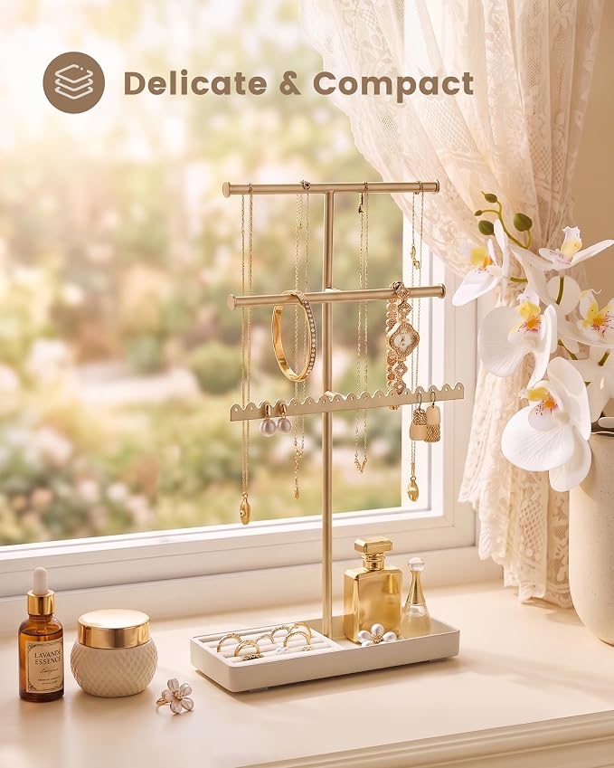 Lolalet 3-Tier Jewelry Organizer Stand, Metal Jewellery Holder, Dresser Display Rack for Necklace Earring Bracelets Rings, Gift for Women Girls -Gold