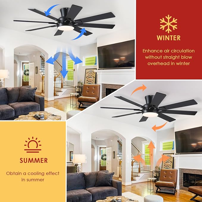 Mpayel Ceiling Fans with Lights, 52 Inch Low Profile Flush Mount Ceiling Fan, Modern Black Ceiling Fan with Light for Bedroom Living Room, Remote/APP Control, Quiet DC Motor, Dimmable, 8 Wood Blades