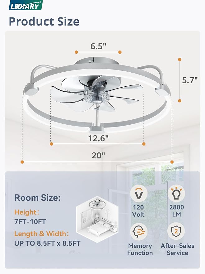 LEDIARY Ceiling Fans with Lights and Remote, 20'' Low Profile Ceiling Fan with Light, 3000-6000K Dimmable Fandelier LED Fan Light, 6 Wind Speeds, Grey Modern Flush Mount Ceiling Fan for Bedroom