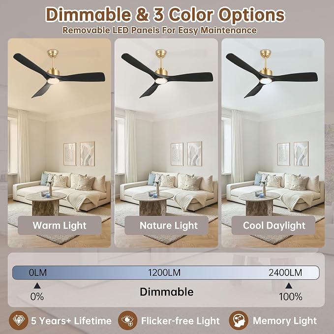 Ovlaim 52 Inch Modern Smart Ceiling Fan with Lights and Remote High CFM | 3 Blade Black Gold Ceiling Fan,ETL Listed Quiet Reversible DC Motor,Dimmable Light & Memory Function,For Bedroom Living Room