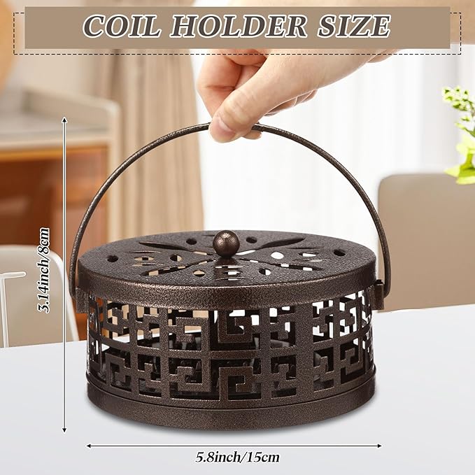 Lallisa 4 Pieces Mosquito Coil Holder Incense Coil Holder Round Retro Portable Metal Hanging Incense Burner with Handle for Home Camping Indoor Outdoor Patio (Bronze,Metal Sheet Included)