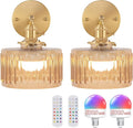 Shenmoyl Vintage Battery Operated Wall Sconce with Amber Striped Glass Lampshade 5000 mAh Rechargeable Battery Powered Wall Light with Remote Control for Bedside Bedroom Doorway, Set of 2