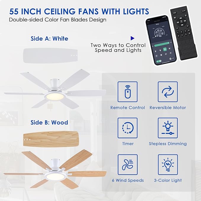 BYKISTOK 55In Flush Mount Ceiling Fan with RGB Light - White Modern Ceiling Fan with 6 Dual-Sided Blades, Reversible DC Motor, Low Profile Fan Light Fixture for Indoor Bedroom, Outdoor Patios