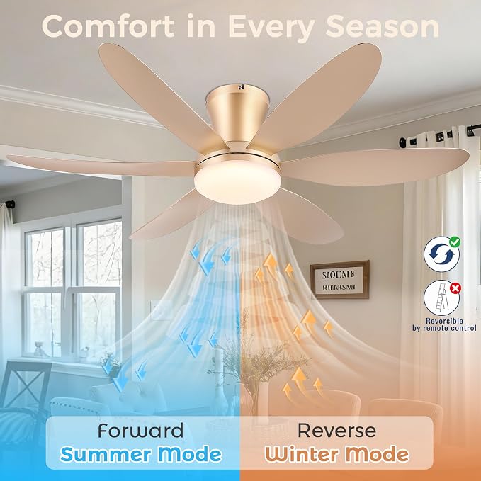 GJeg Ceiling Fans with Lights,42" Low Profile Ceiling Fan with Light and Remote Control,Flush Mount, Reversible, Dimmable, Noiseless,Gold Ceiling Fan for Bedroom