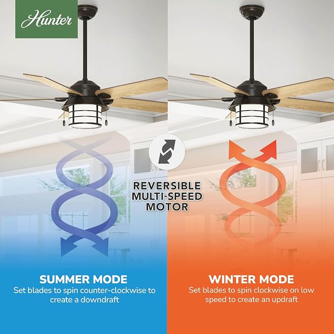 Hunter Key Biscayne, Outdoor or Indoor, Ceiling Fan, 54 inch, Onyx Bengal | with LED Light, Rustic, Standard Mount, Pull Chain, For Bedroom, Living Room, Patio, 59273