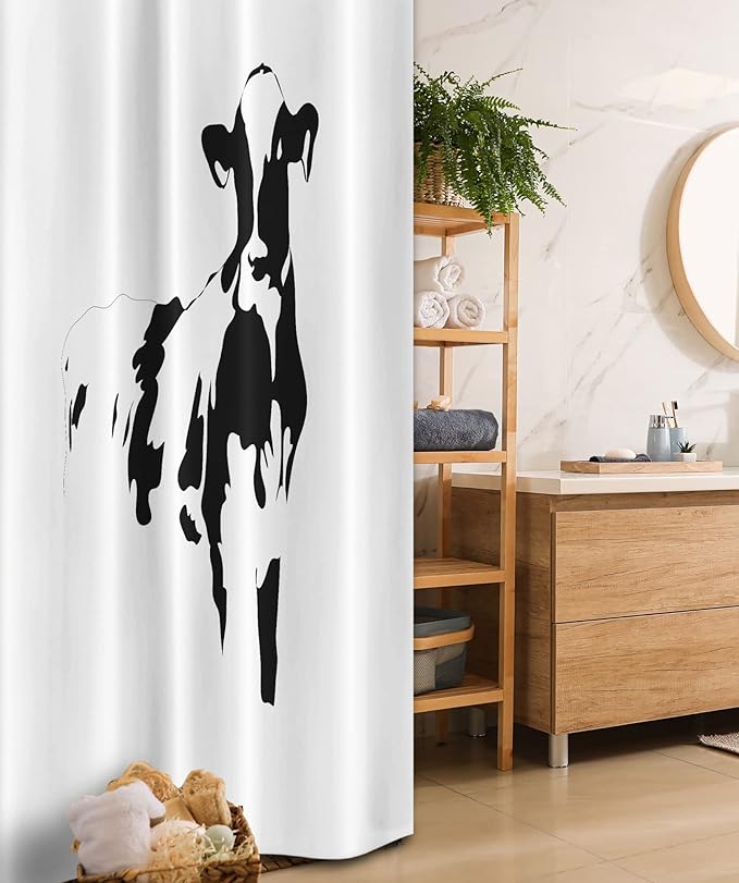 Ambesonne Rustic Stall Shower Curtain, Silhouette Portrait of a Cow Meat Milk Farm Animals Agriculture Themed Illustration, Fabric Bathroom Decor Set with Hooks, 36" W x 72" L, Black White