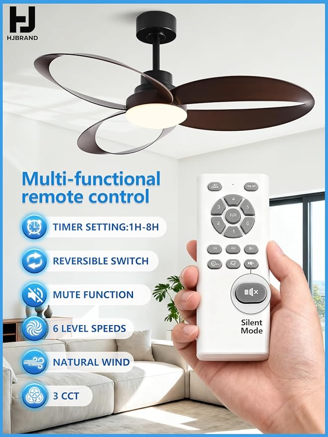 52 inch Ceiling Fans with Lights and Remote Black Strong Wind,special 3 Blades Noiseless Reversible DC Motor 6 Speeds with 3 CCT,for Patio Living Room Bedroom Office Indoor Outdoor,Black+Dark Walnut