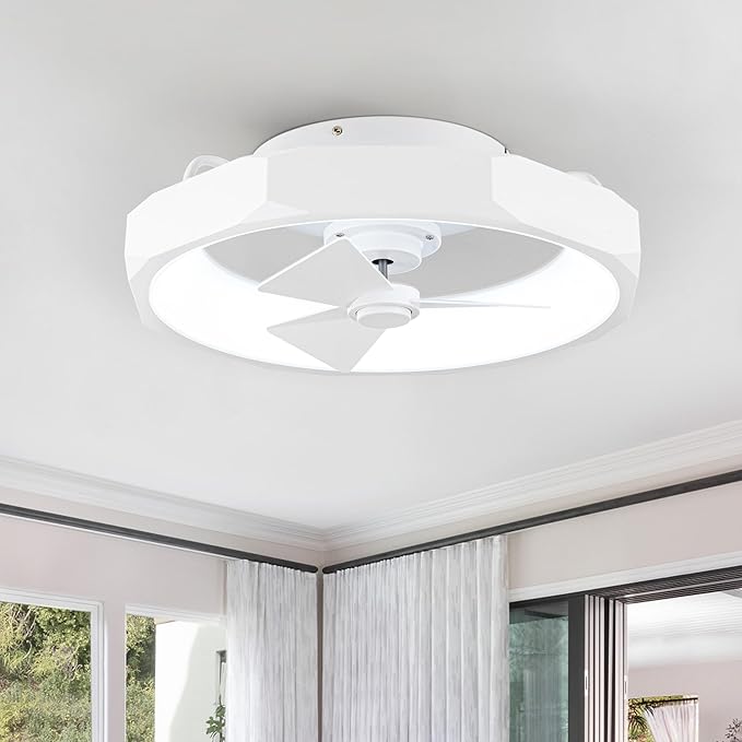 Low Profile White Ceiling Fans with Lights and Remote - 20" Flush Mount Ceiling Fan Bedroom, 3000-6000K Dimmable Fandelier LED Fan Light, 6 Wind Speeds, Modern Ventilador de Techo