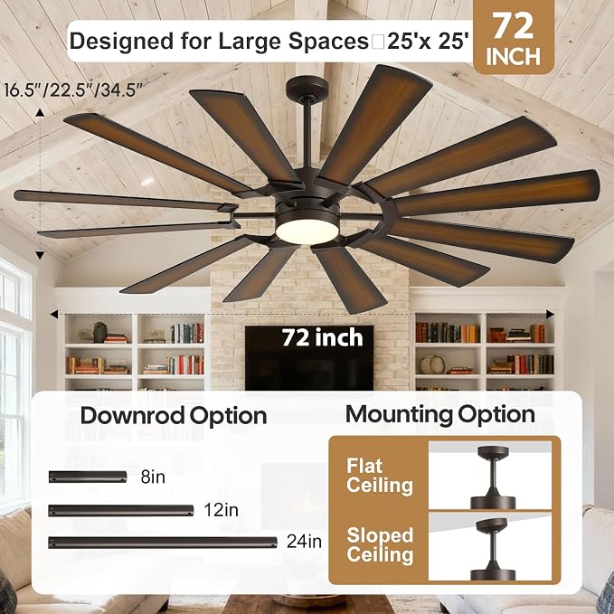 72 Inch Outdoor Wind Mill Ceiling Fan with Light, High 8095 CFM Damp Rated for Rustic Farmhouse Large Patios Bedroom Living Room,12 Walnut/Walnut Shadowed Reversible Blades Quiet DC Motor with Remote