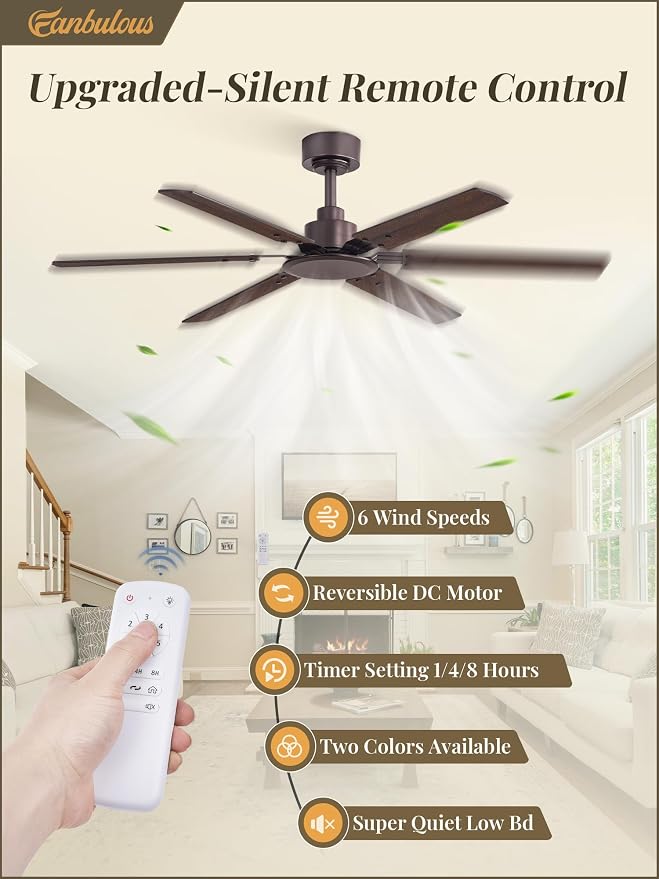 Fanbulous Ceiling Fan No Light, 48 Inch Indoor/Outdoor 6 Blades Ceiling Fan with Remote, 6-Speeds, Quiet Reversible DC Motor, Fans Without Light for Tilted Ceiling/Bedroom/Living Room/Patios, 2Pack