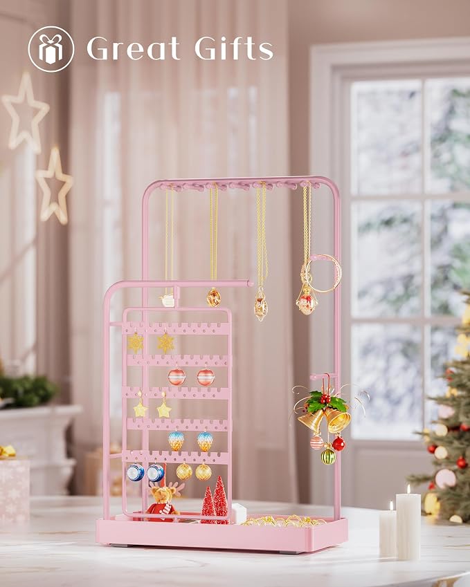 ProCase Jewelry Stand Holder Organizer and Storage, Pink (No-Assembly) | Rotating Earring Bracelet Holder Storage, Hanging Jewelry Display Velvet Ring Tray, Teen Girls Birthday Gifts Room Dorm Decor