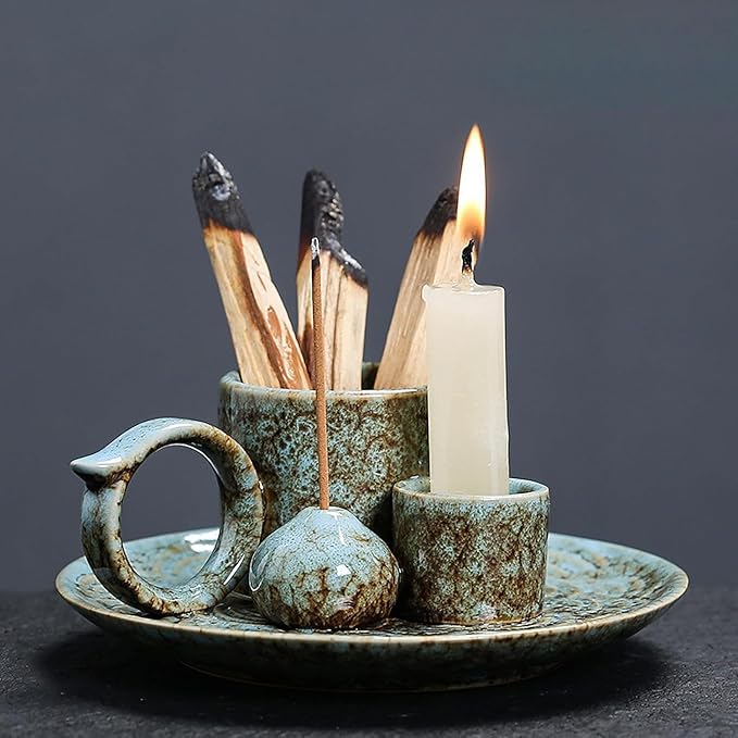4 in 1 Ceramic Incense Burner Sage Burner with Handle, Sage Holder for Burning Sage, Palo Santo Stick, Joss Sticks and Candle, Ideal for New House, Office, Yoga and Meditation Room