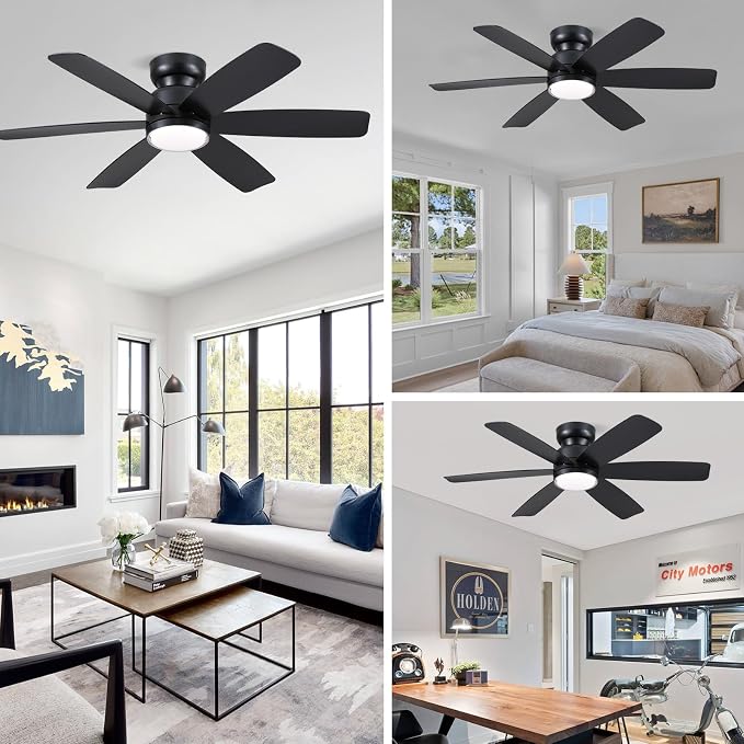 Kviflon 46 Inch Modern Ceiling Fans with Lights Remote Control, Low Profile Flush Mount Ceiling Fan, 6 Reversible Plastic Blades, 6 Speeds 3 CCT Dimmable LED Lights for Bedroom Living Room, Black