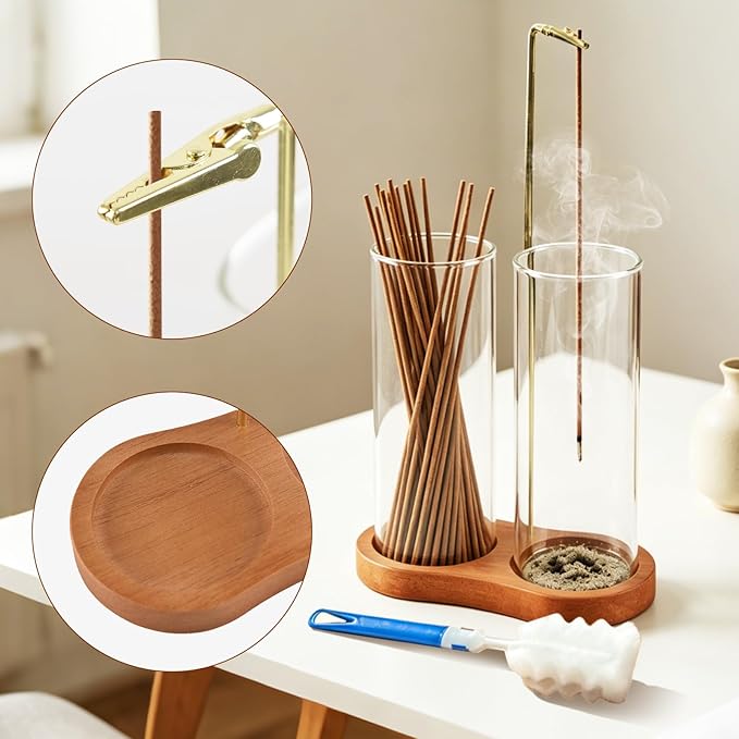 2 in 1 Incense Holder, Wooden Incense Holder for Sticks with Glass Ash Catcher & Storage, Anti-Ash Flying Incense Burner for Meditation, Yoga, Spa Home Boho Decor (Round Brown)
