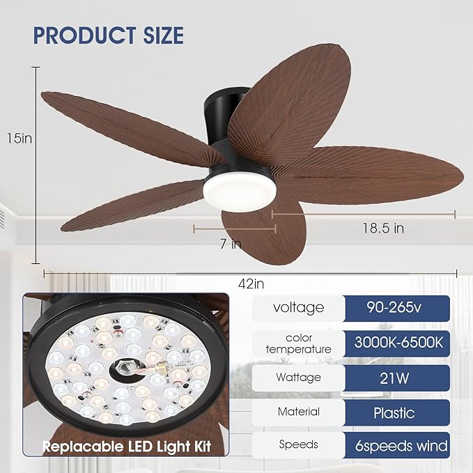 Surtime Palm Leaf Ceiling Fans with Lights-42 Tropical Ceiling Fan with Light and Remote/APP Control,Flush Mount Low Profile Ceiling Fans for Bedroom,Indoor/Outdoor Patio Use(Brown)