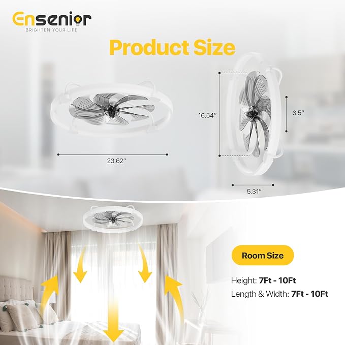 Ensenior Ceiling Fans with Lights and Remote, 24'' Low Profile Ceiling Fan Flush Mount, APP Control, 6 Speed, 3CCT, Quiet Reversible DC Motor, Dimmable Modern Ceiling Fan with Light for Bedroom-White