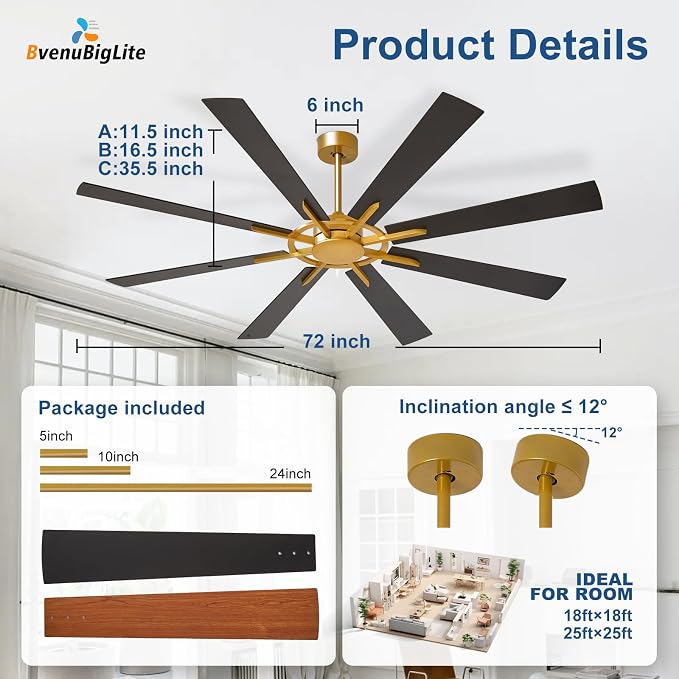 Large Ceiling Fan No Light: Modern 72 Inch 8 Blade Outdoor Ceiling Fans with Remote APP Control - Black Gold Big Fan without Light Indoor Reversible 6 Speed Quiet DC Motor
