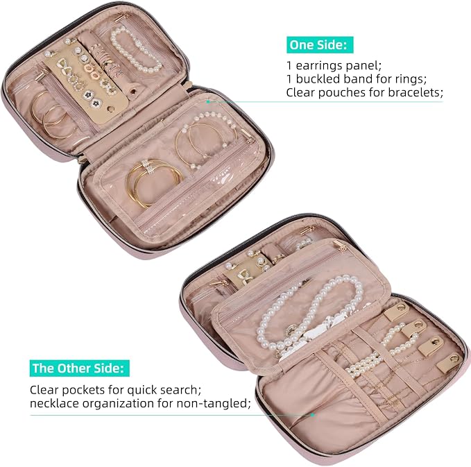 NISHEL Travel Jewelry Case Organizer, Tangle-Free Necklace Storage Bag | Stores rings, earrings, bracelets and watches in a compact case for travel and daily use, Peach Pink, Medium