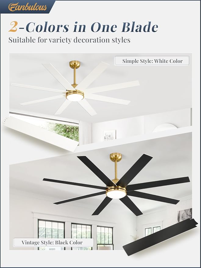 Fanbulous 65 Inch Ceiling Fans with Lights and Remote, Gold Indoor/Outdoor Ceiling Fan with Quiet Reversible DC Motor, 6 Speeds, 3CCT, 8 Blades Large Ceiling Fan for Living Room Bedroom Patio