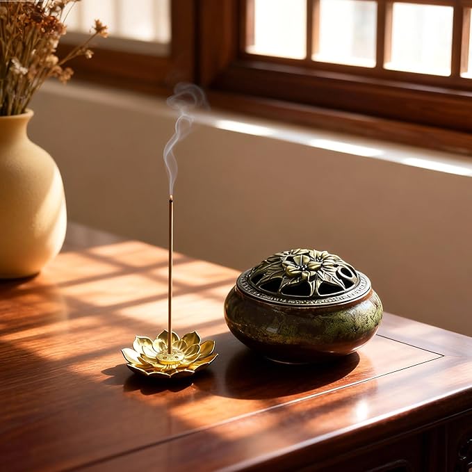 Ceramic Incense Burner, Bowl Burner,Cone Incense Burner with Brass lid for use with Stick or Cone-Shaped Incense，Lotus Incense Stick Holder Calabash Incense Stick Holder, 3pc (Fambe Green)